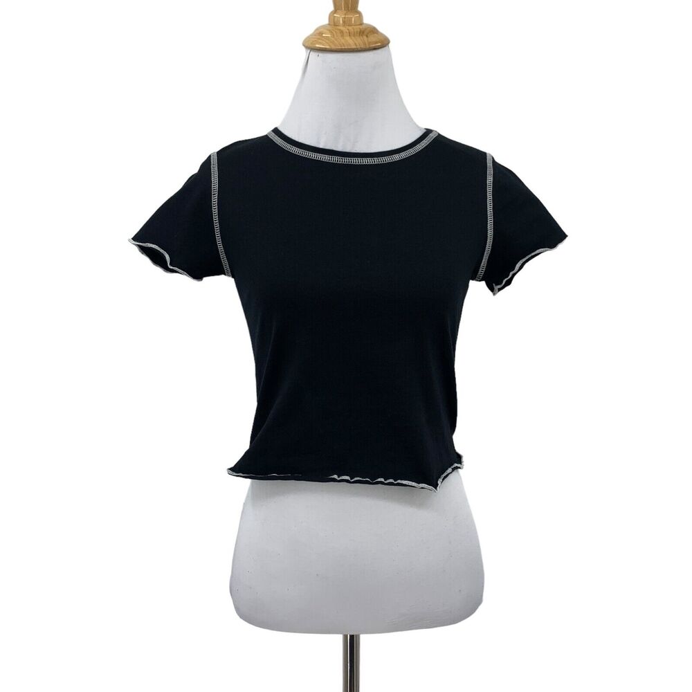 Moa Moa Lettuce Hem Shirt Girls L Black White Stitch Cotton Crew Short Sleeve
